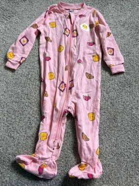 Pekkle 9M Pink Footed Onsie Sleeper with Breakfast Eggs Croissant coffee